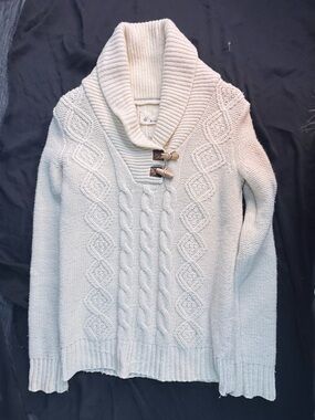 Trovata Cream Cable-Knit Shawl Collar Sweater with Toggle Closure